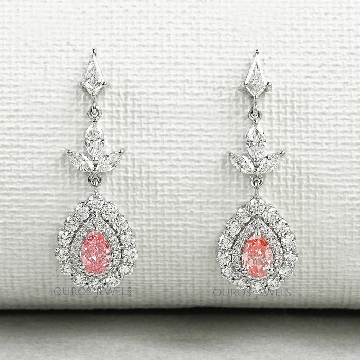 Boucles d'oreilles pendantes à double halo en forme de poire rose