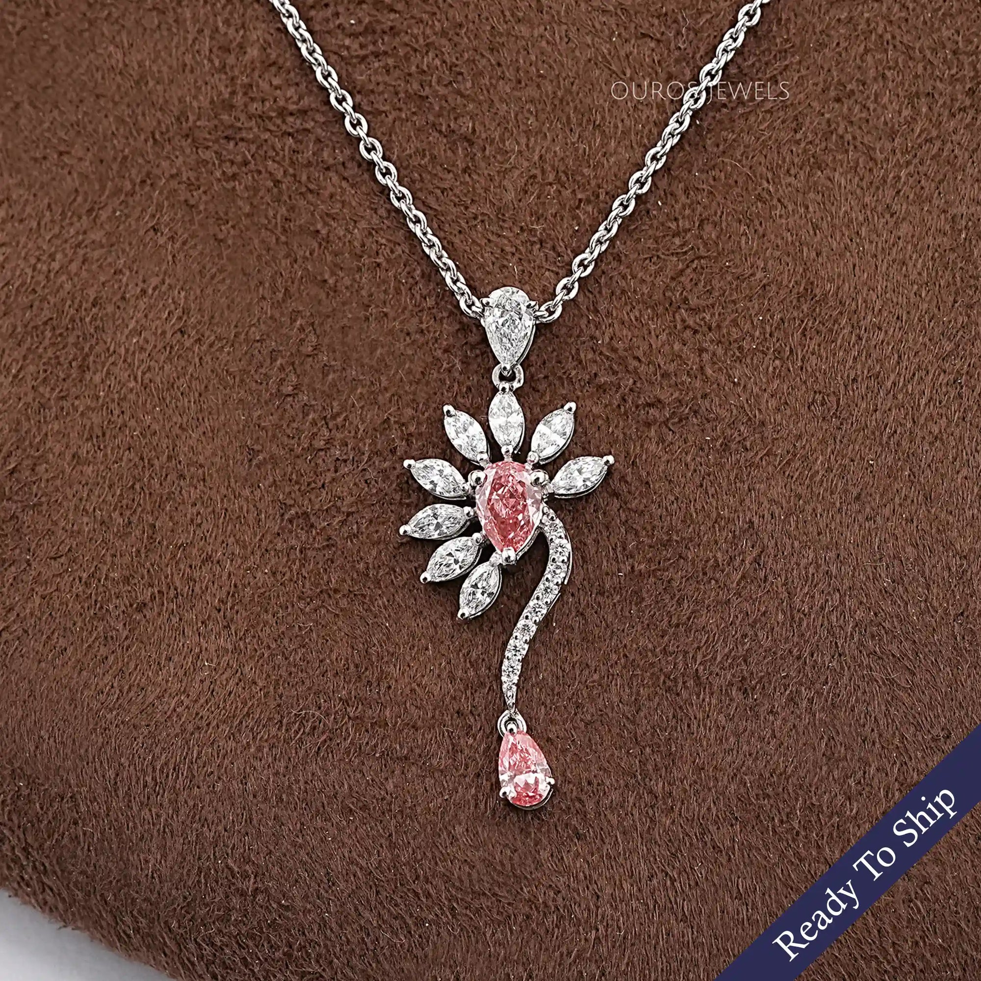 Pink Pear Lab Diamond Flower Shape Pendant Necklaces