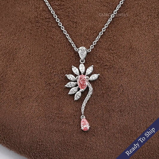 Pink Pear Lab Diamond Flower Shape Pendant Necklaces