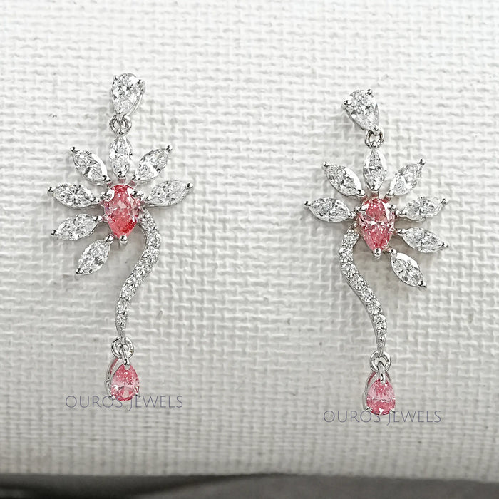 Boucles d'oreilles en forme de fleur en forme de poire rose et de marquise