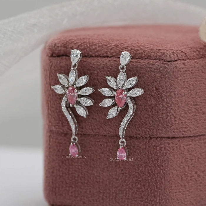 Pink Pear And Marquise Diamond Flower Drop Earrings