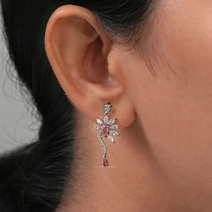 Pink Pear And Marquise Diamond Flower Drop Earrings