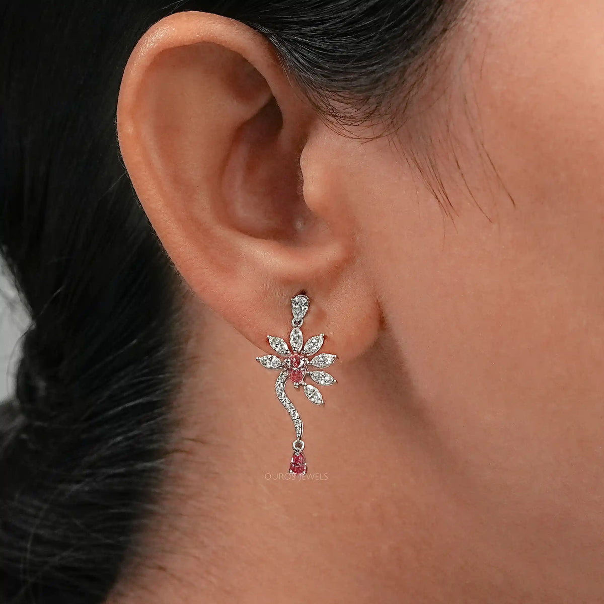 Pink Pear And Marquise Diamond Flower Drop Earrings Earrings