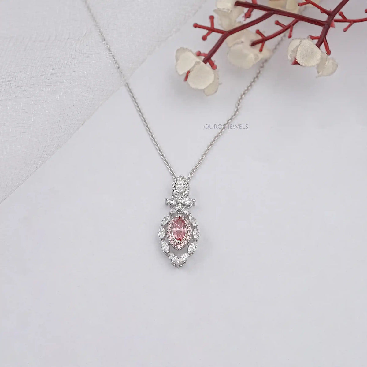 Pink Marquise Lab Diamond Double Halo Pendant Necklaces