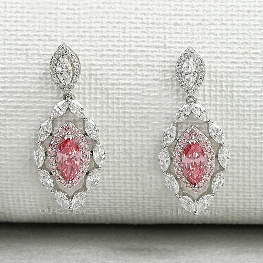 Fancy Pink Marquise Shape Double Halo Earrings Earrings