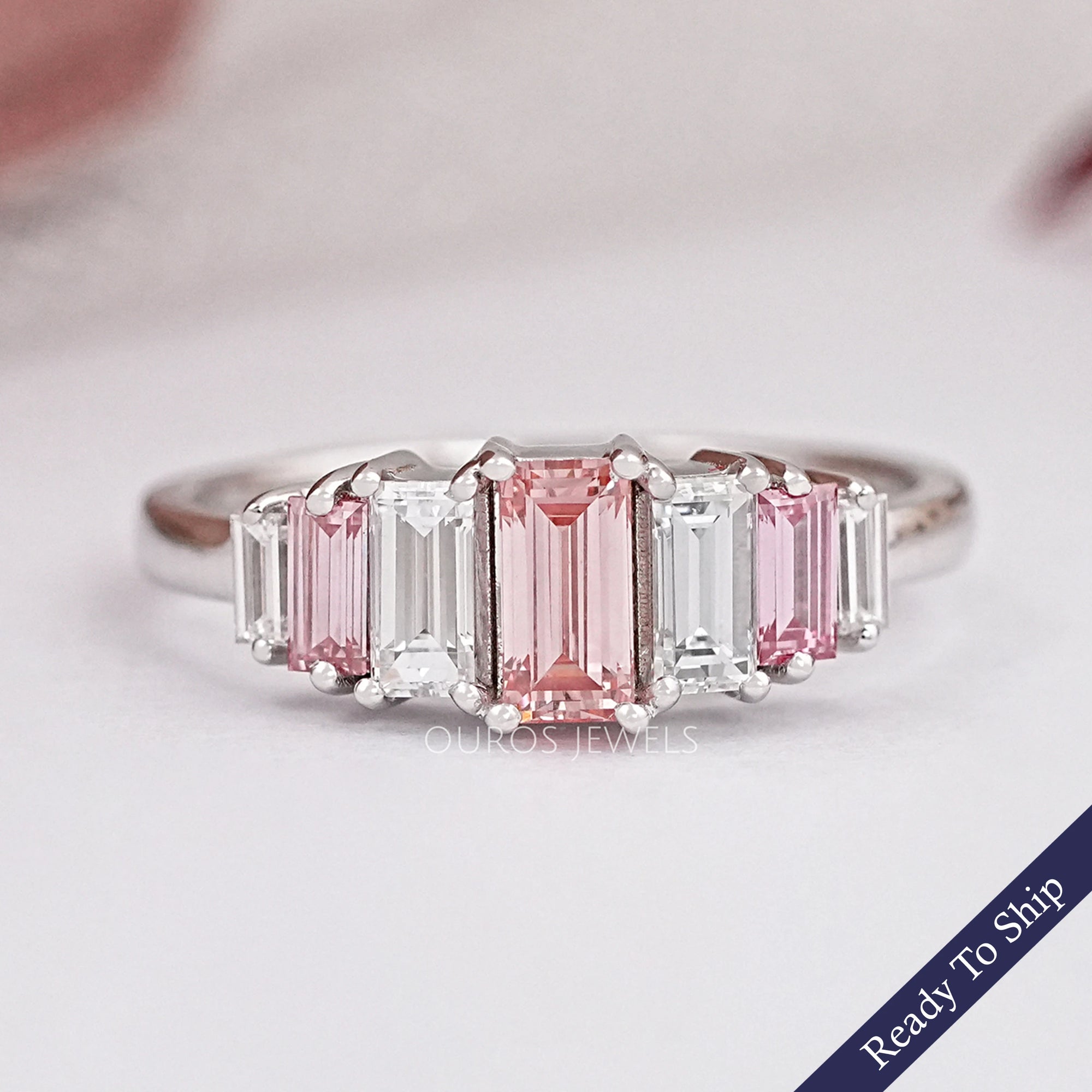 Fancy Pink Baguette Cut Lab Diamond Seven Stone Ring Ring