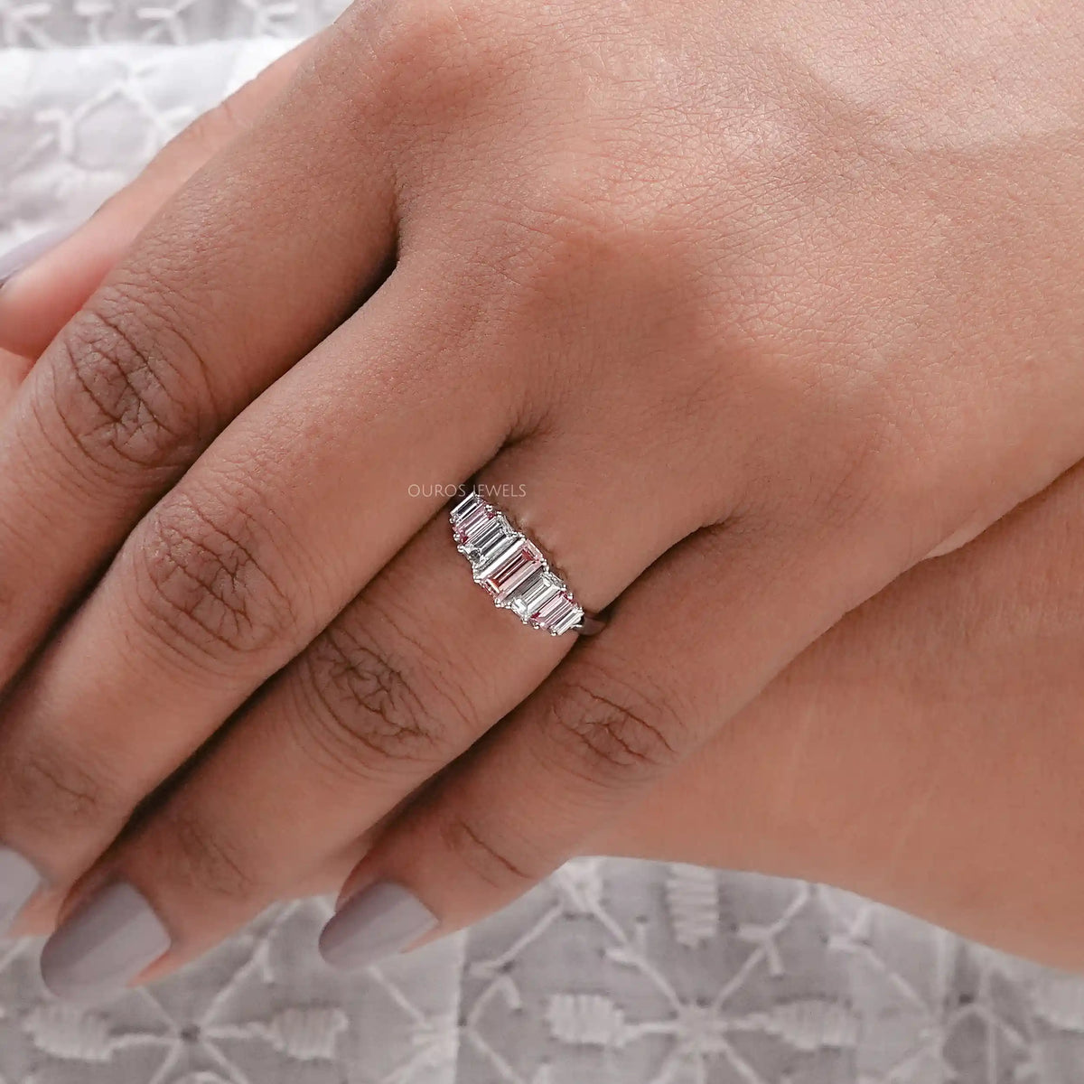 Fancy Pink Baguette Cut Lab Diamond Seven Stone Ring Ring
