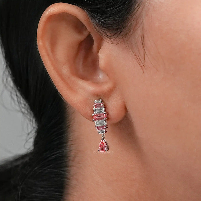 Alternative Pink Baguette Diamond Drop Earrings