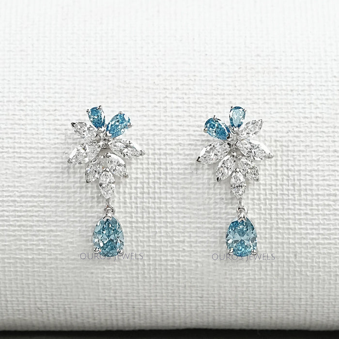Blue Pear Diamond Cluster Drop Earrings