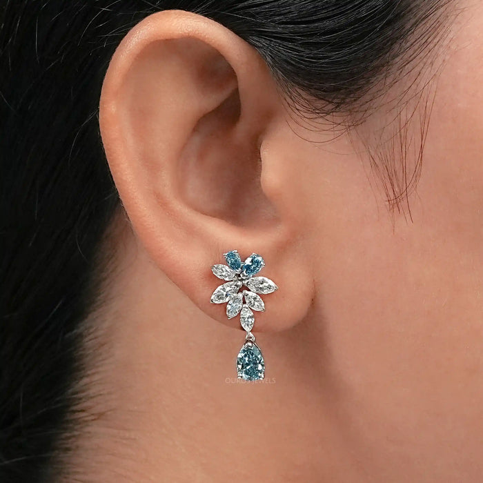 Fancy Blue Pear Diamond Cluster Drop Earrings