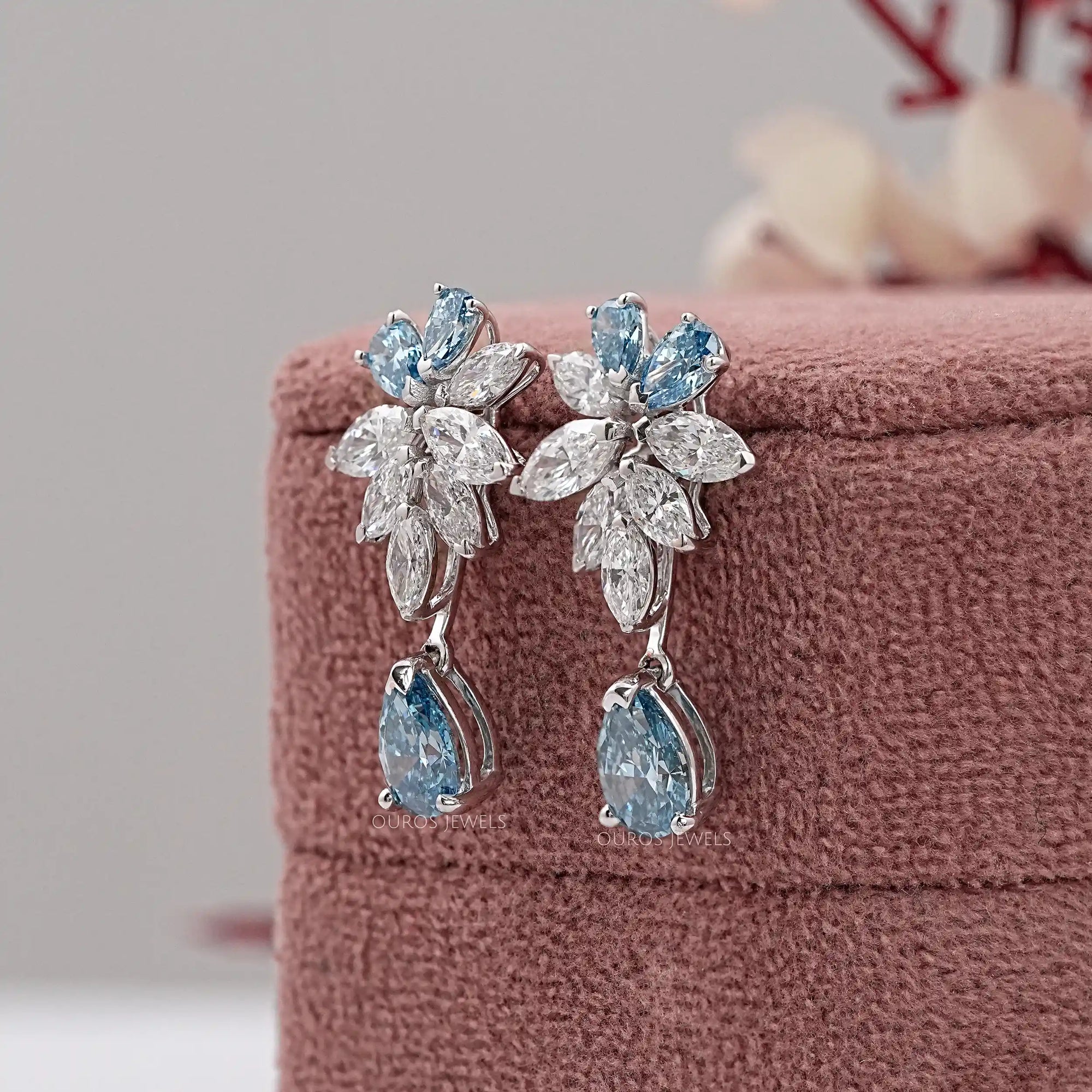 Fancy Blue Pear Diamond Cluster Drop Earrings Earrings