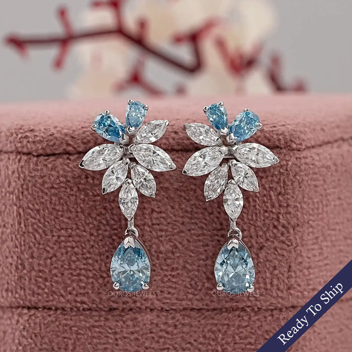 Fancy Blue Pear Diamond Cluster Drop Earrings