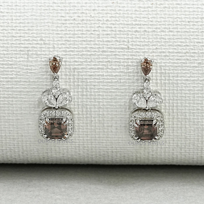 Champagne Asscher Cut Halo Dangle Earrings