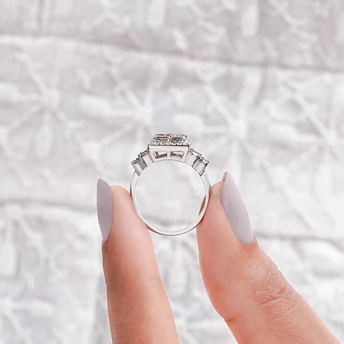 Fancy Brown Baguette Cut Lab Diamond Cluster Set Halo Ring