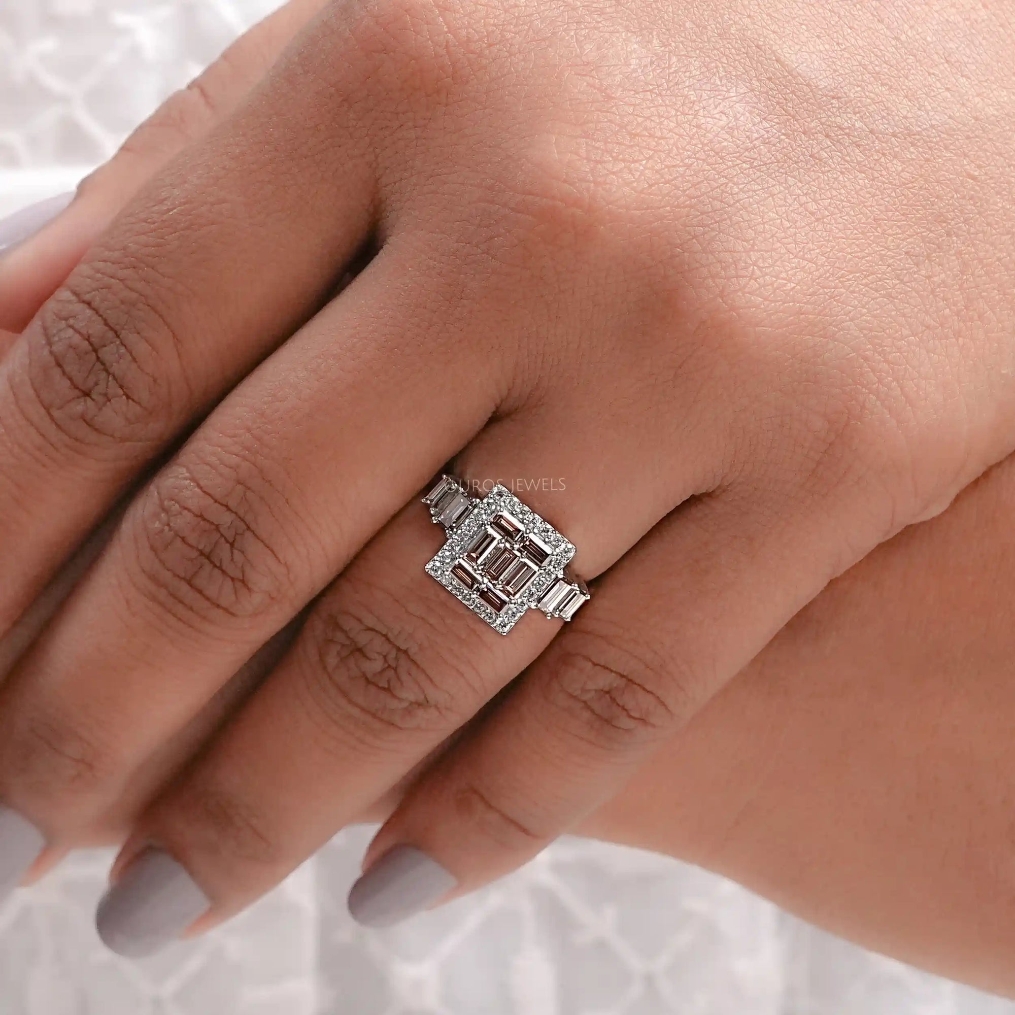 Fancy Brown Baguette Cut Lab Diamond Cluster Set Halo Ring Ring