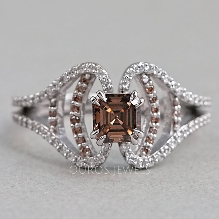 front view of asscher-cut chocolate lab diamond split shank colored engagement ring
