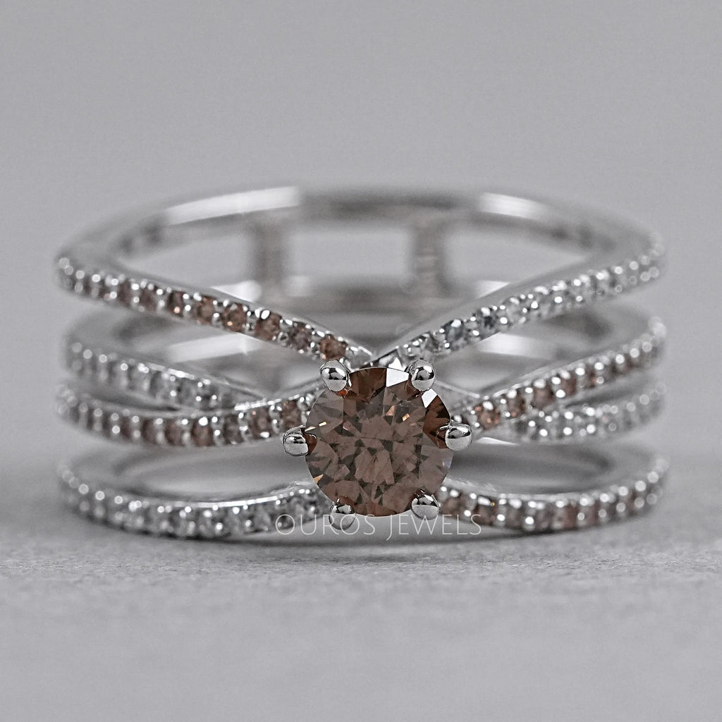 front view of fancy brown lab-grown diamond crossover colored wedding band