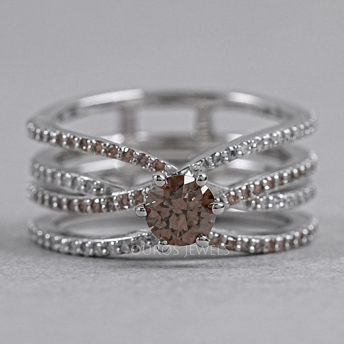 front view of fancy brown lab-grown diamond crossover colored wedding band