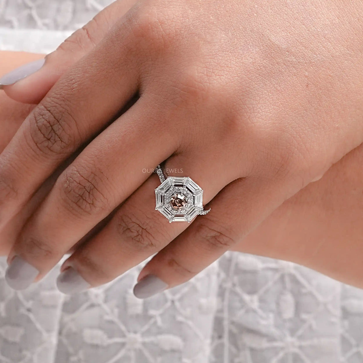 Fancy Brown Octagon Cut Lab Diamond Double Halo Ring Ring