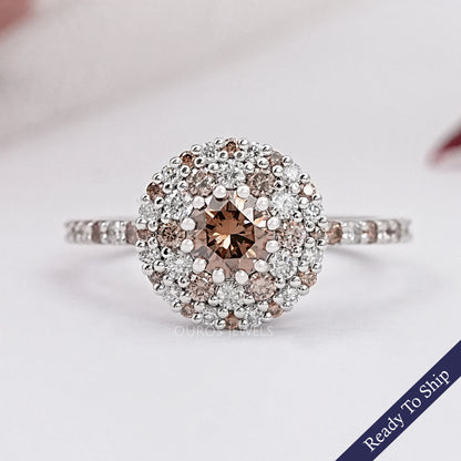 Fancy Round Brown Diamond Double Halo Accent Set Ring Ring