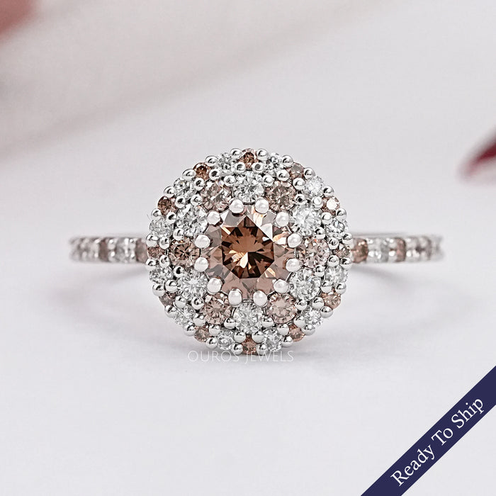 Fancy Round Brown Diamond Double Halo Accent Set Ring