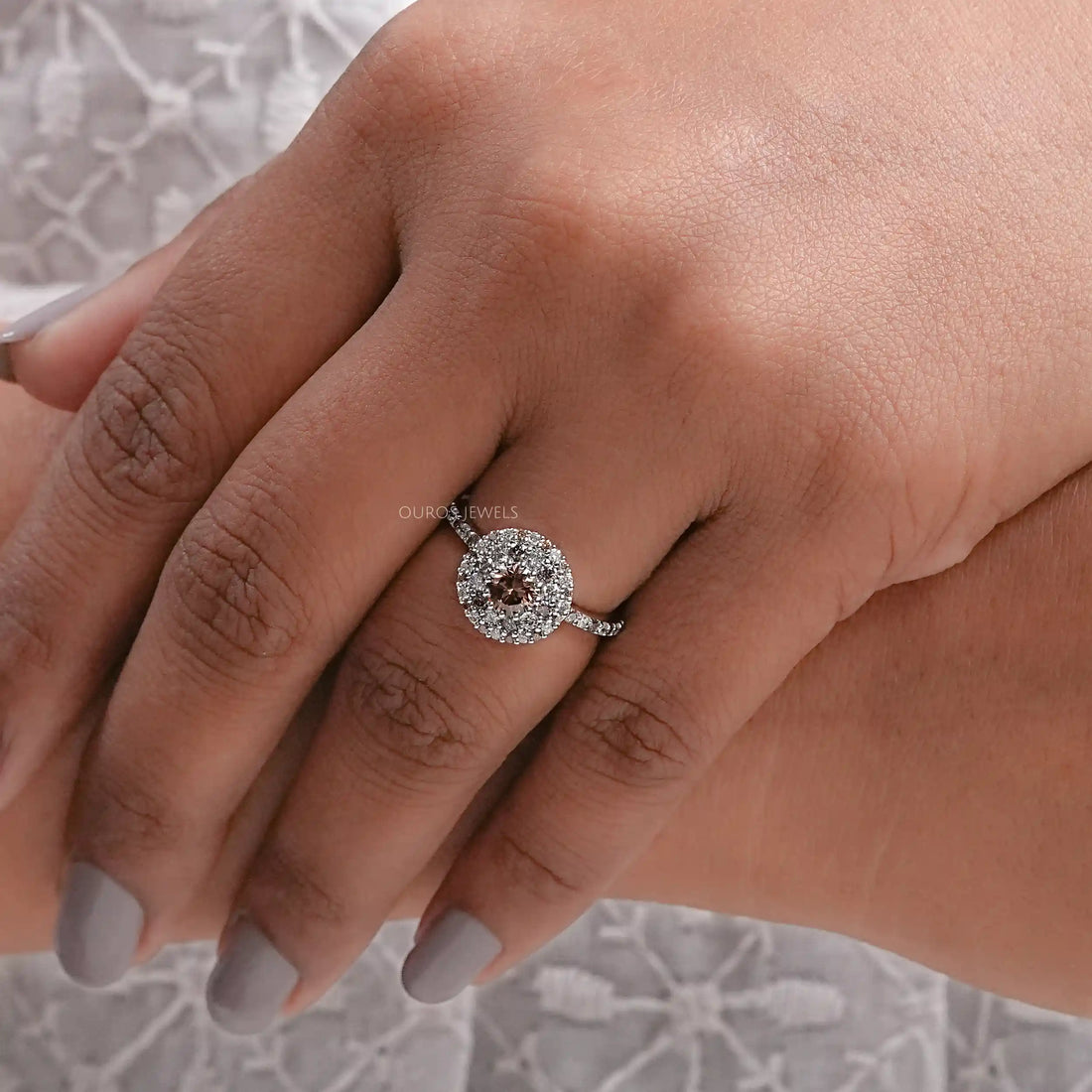 Fancy Round Brown Diamond Double Halo Accent Set Ring Ring