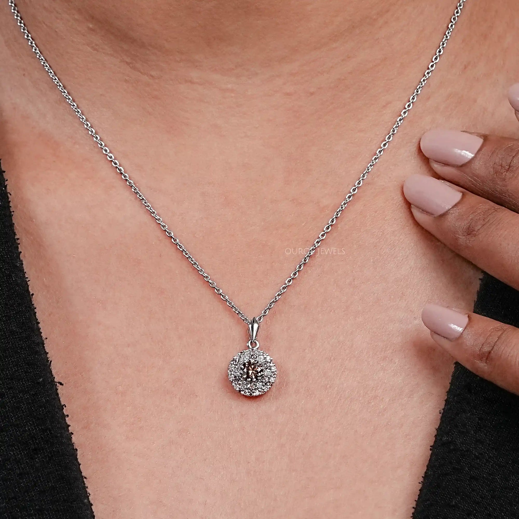 Brown Round Diamond Double Halo Pendant Necklaces