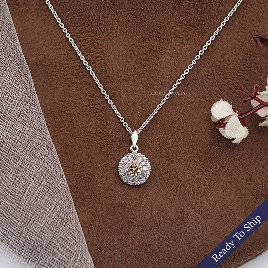 Brown Round Diamond Double Halo Pendant Necklaces