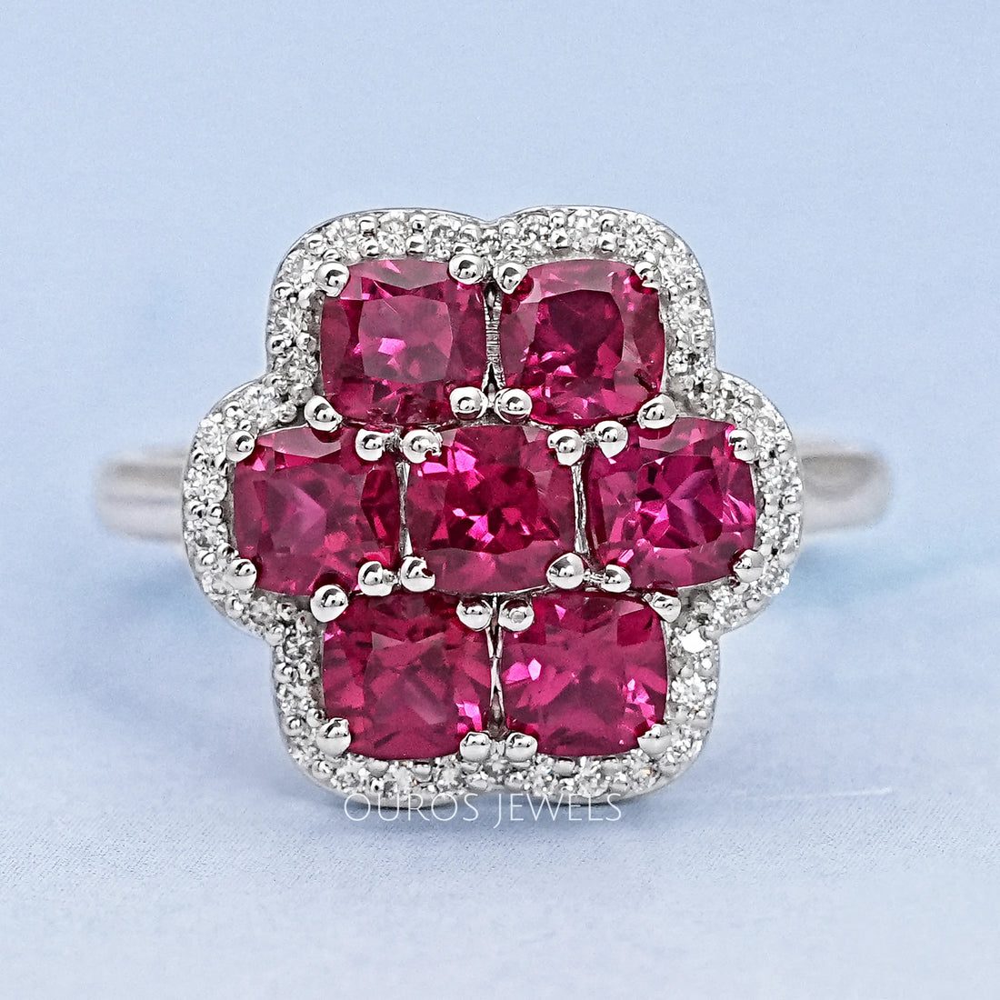 Red Ruby Cushion Shape Floral Halo Engagement Ring Ring