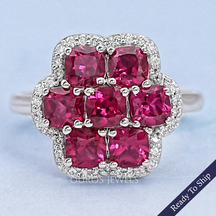 Ruby Cushion Gemstone Floral Halo Ring
