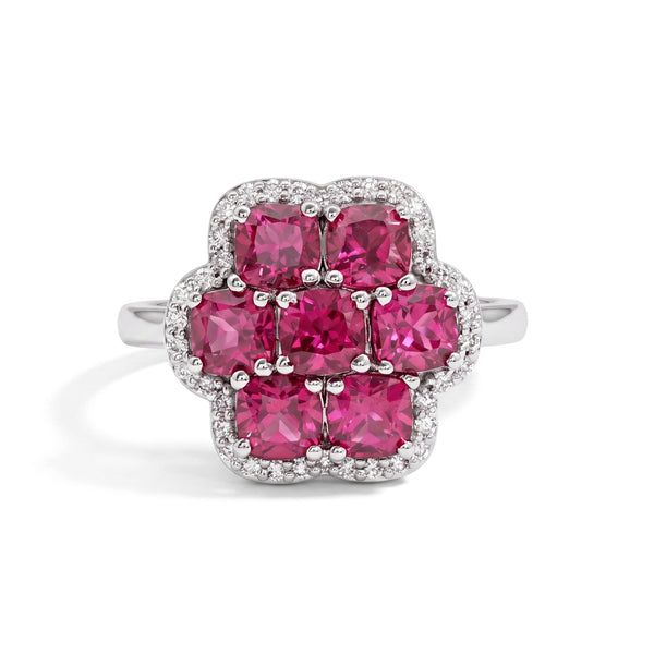 Bague de fiançailles halo florale en forme de coussin en rubis rouge