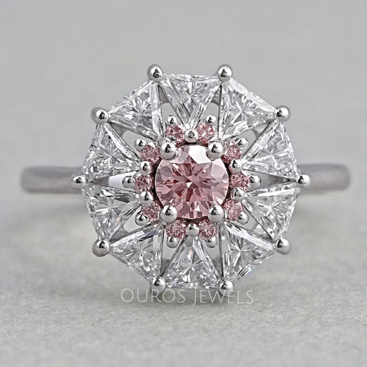 Pink Round Cut Halo Triangle Engagement Ring Rings
