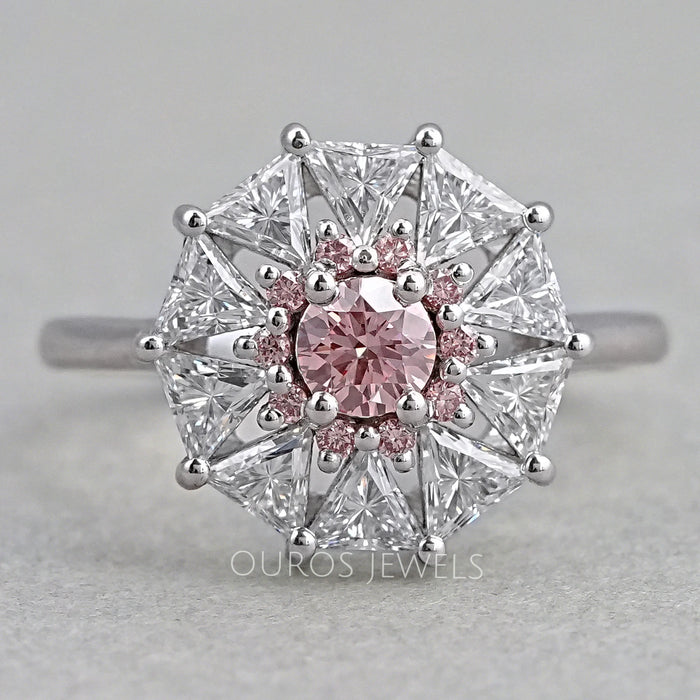 pink round cut diamond triangle halo engagement ring's front view
