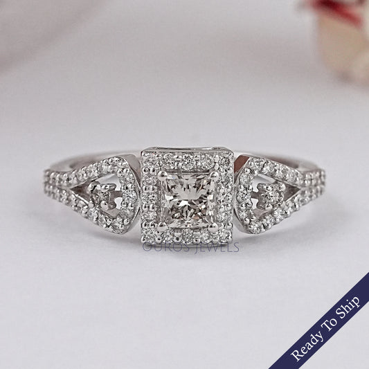 Olive Princess Cut Lab Diamond Three Stone Halo Ring Ring