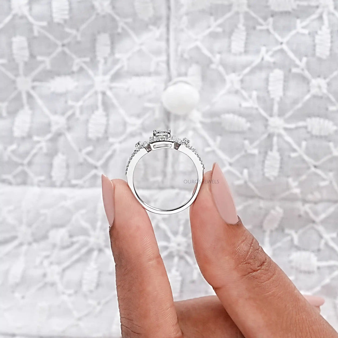 Olive Princess Cut Lab Diamond Three Stone Halo Ring Ring