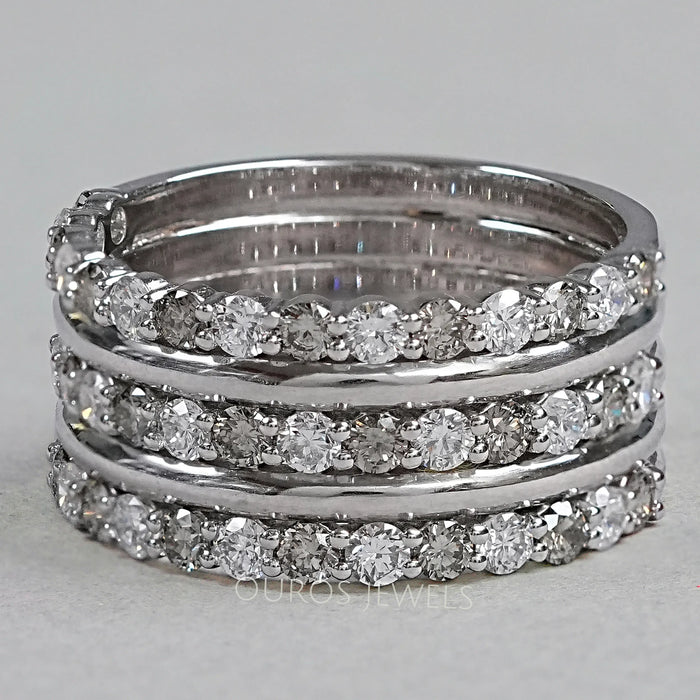 front view of round-cut diamond half eternity three row colored wedding band