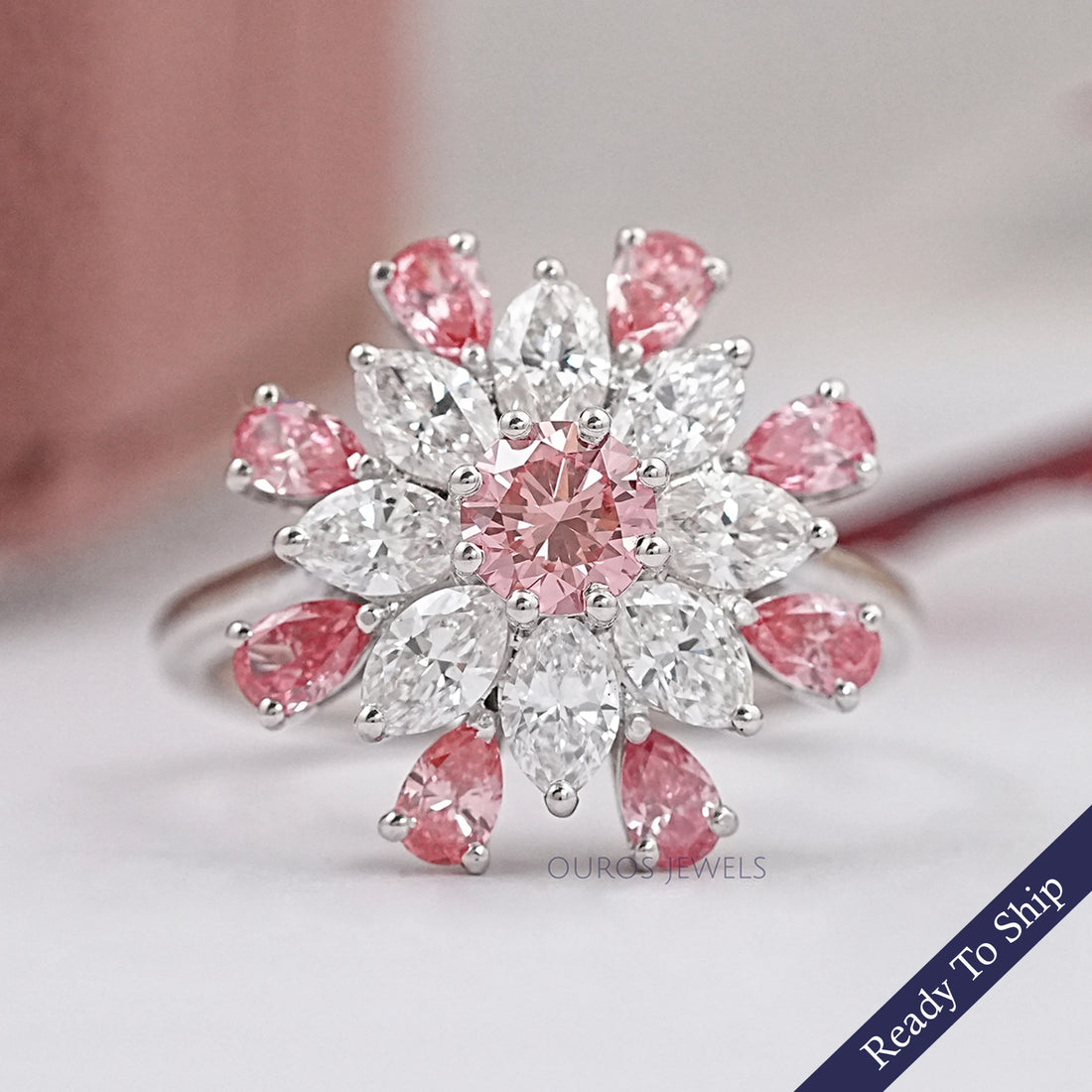 Pink Round Diamond Floral Style Cluster Ring Ring