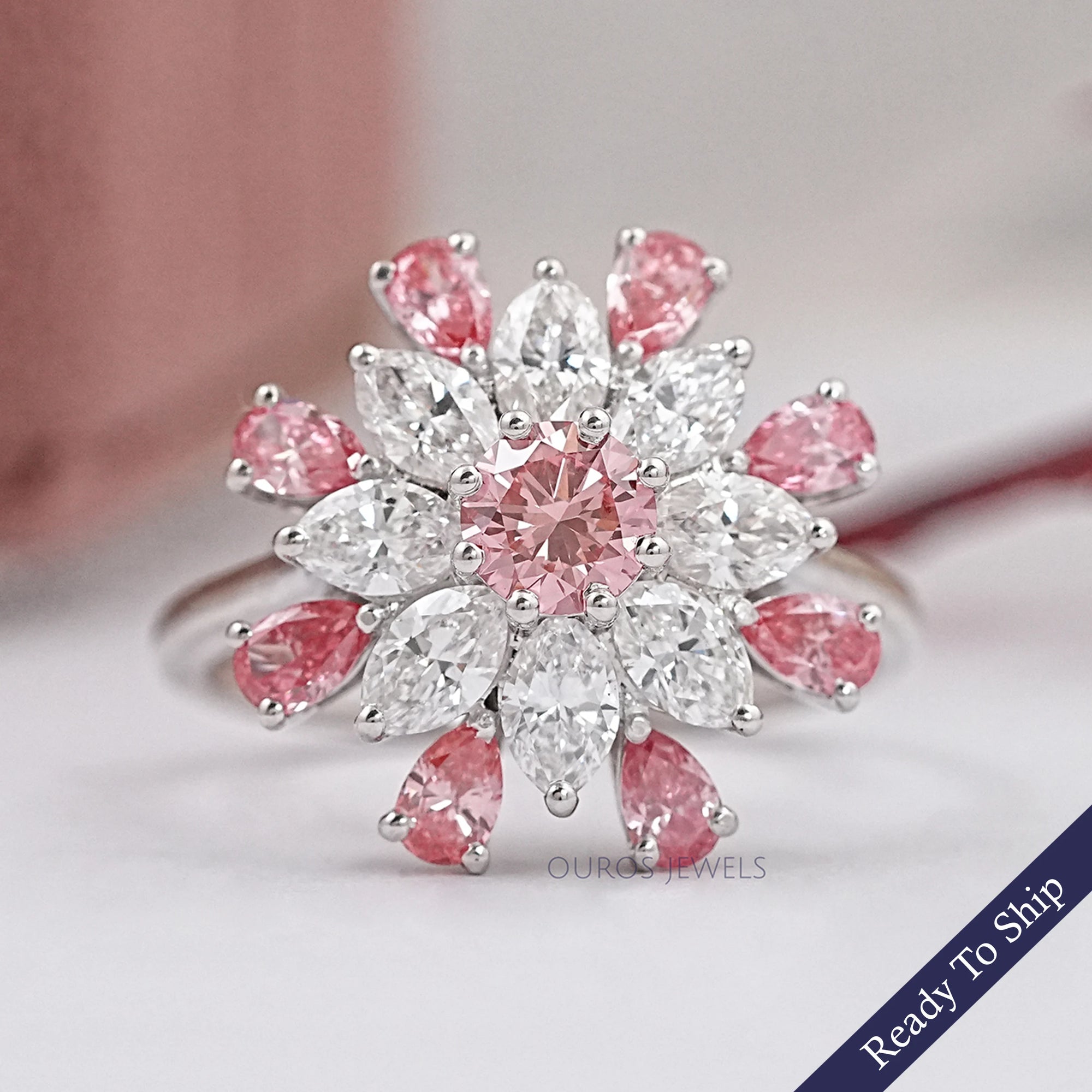 Pink Round Diamond Floral Style Cluster Ring Ring