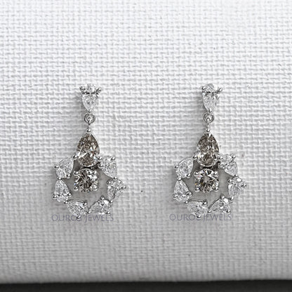 Olive Pear And Round Lab Diamonds Halo Drop Earrings