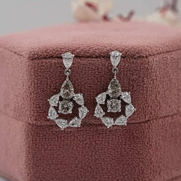 Olive Pear Diamond And Round Halo Drop Earrings