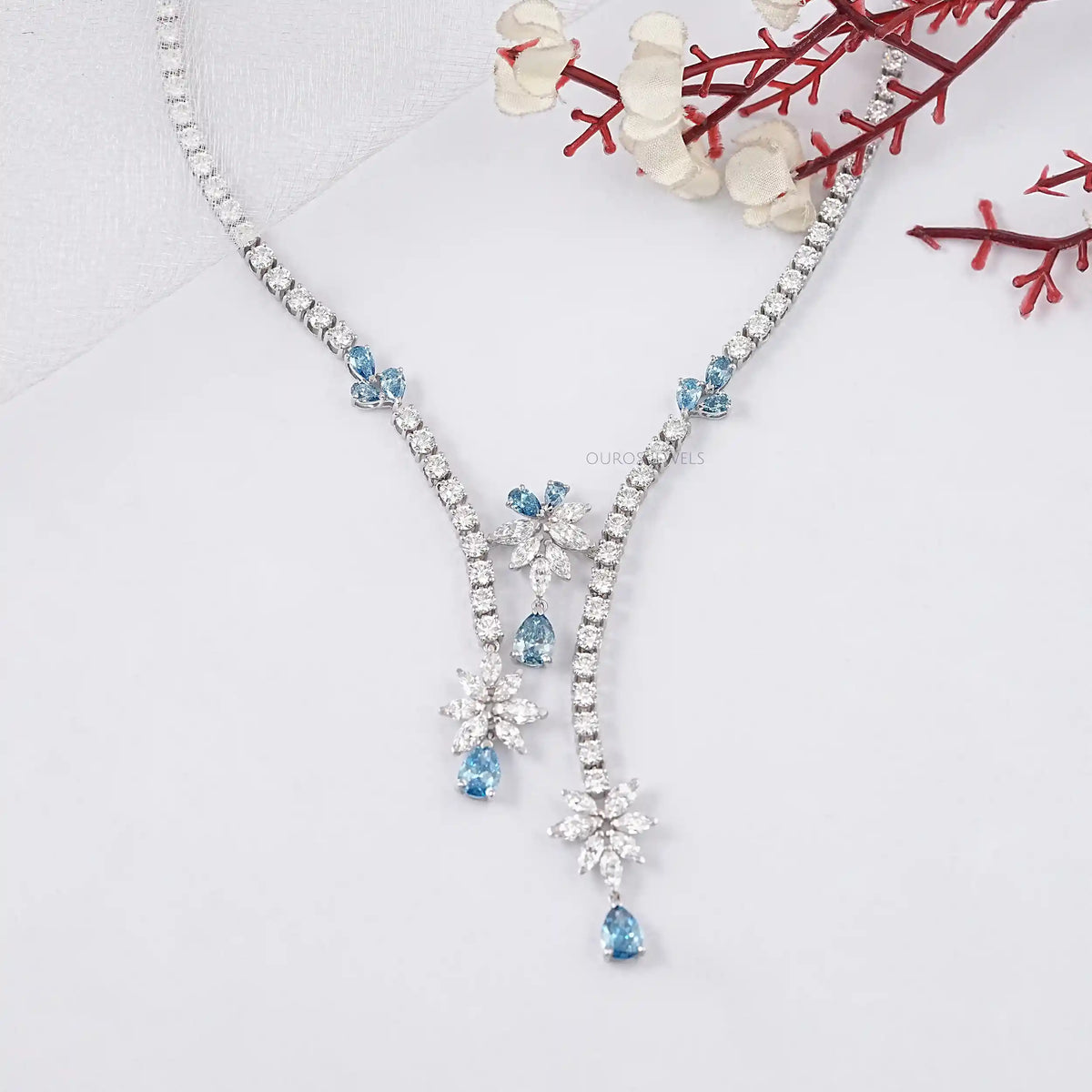 Lab Diamond And Blue Pear Diamond Cluster Necklace Necklaces