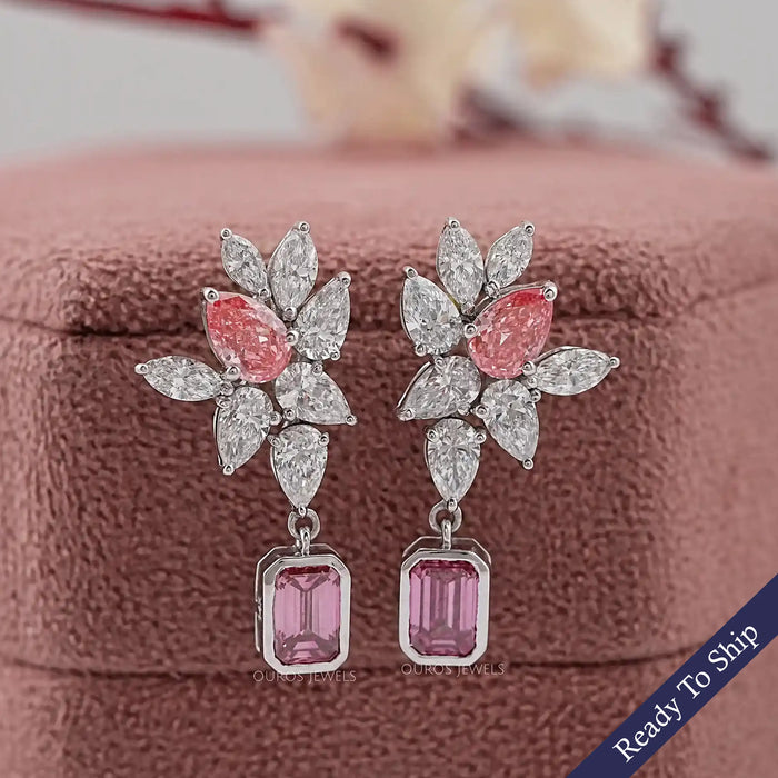Pink Emerald And Pear Diamond Cluster Drop Earrings