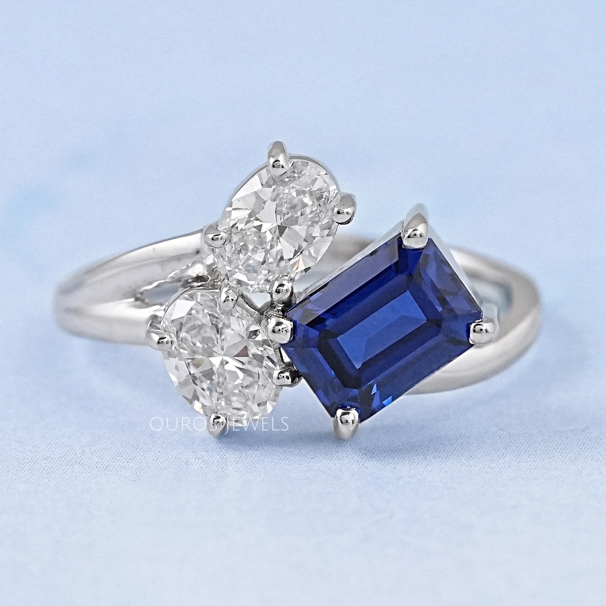 Sapphire Emerald And Oval Cut Split Shank Diamond Ring