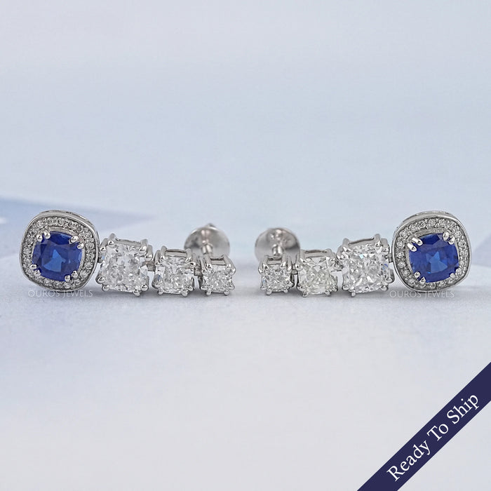 Sapphire Cushion Gemstone And Lab Diamond Dangle Earrings