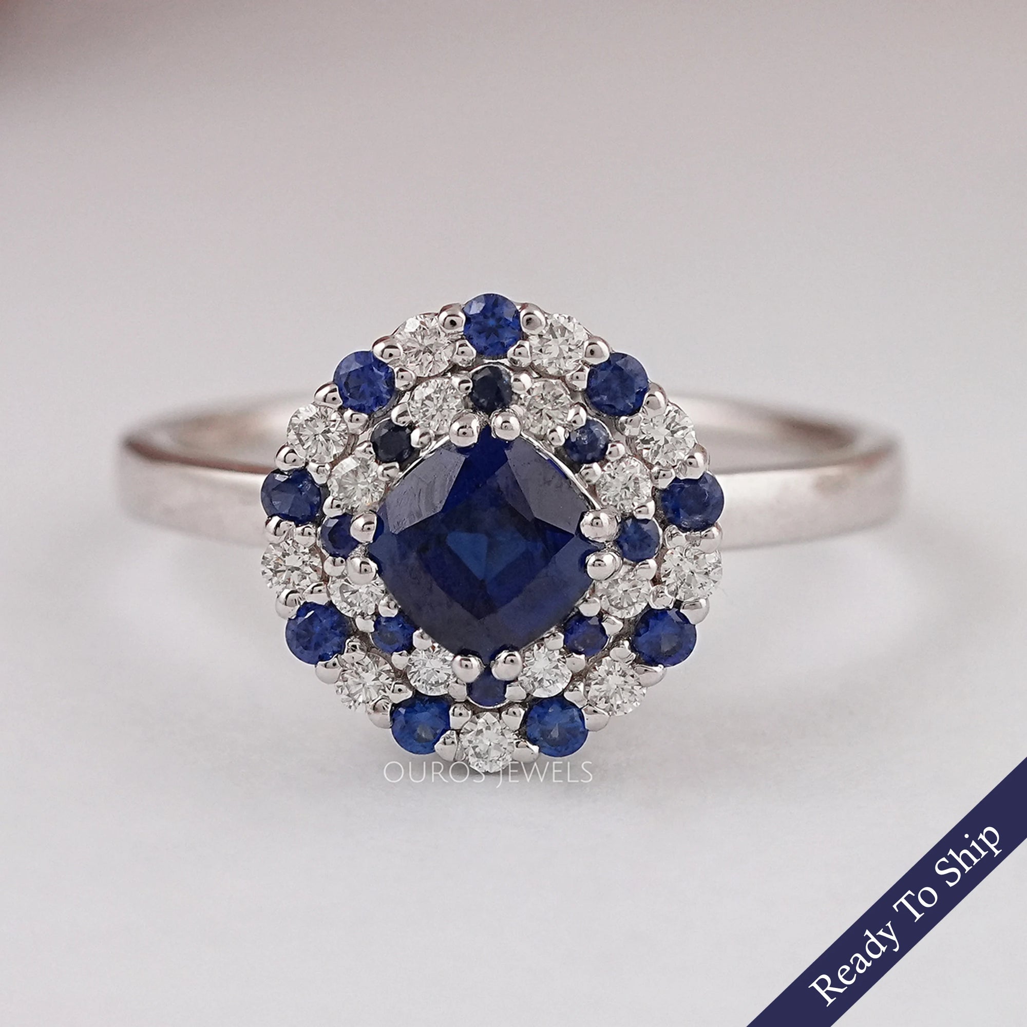 Blue Cushion Cut Lab Gemstone Double Halo Ring Ring