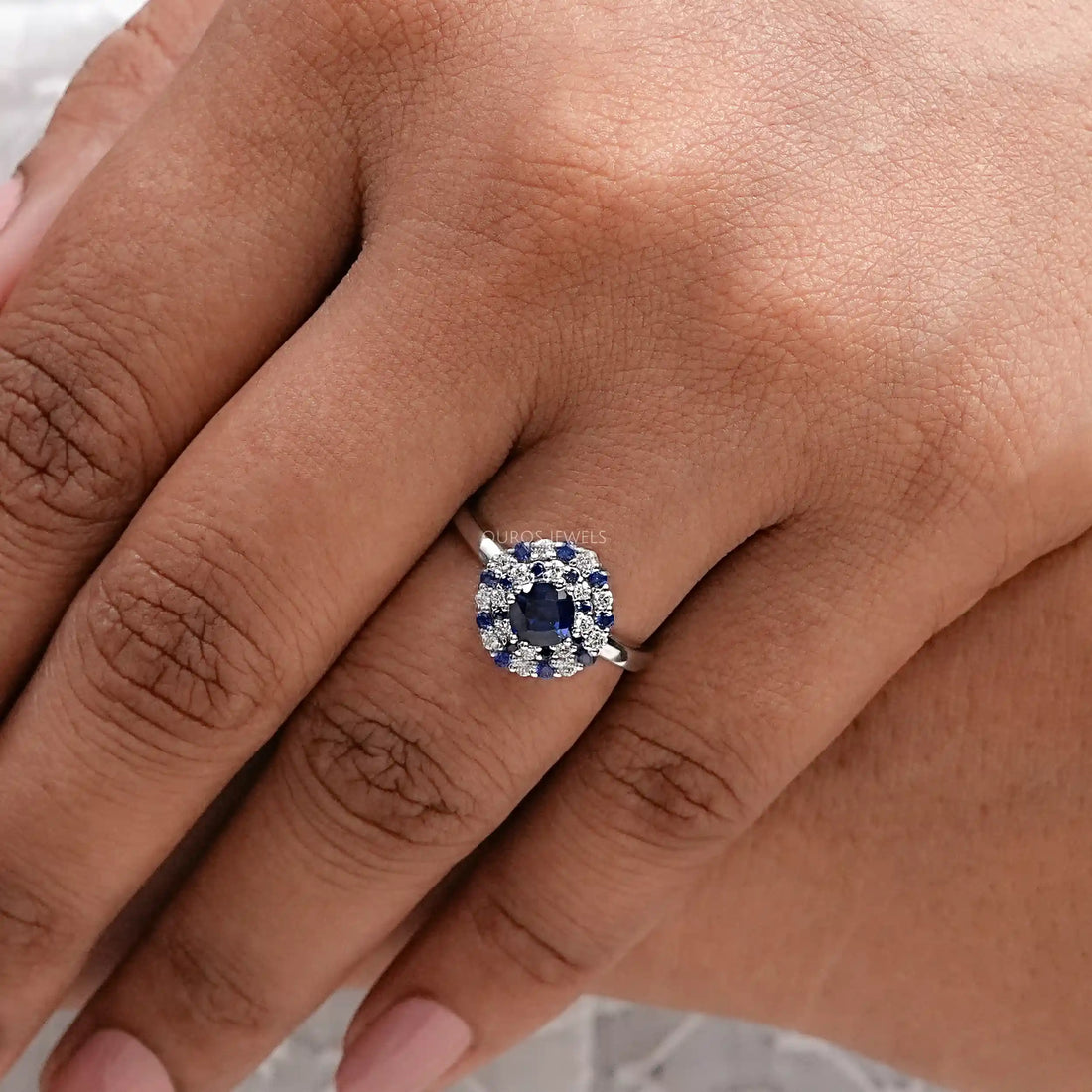 Blue Cushion Cut Lab Gemstone Double Halo Ring Ring