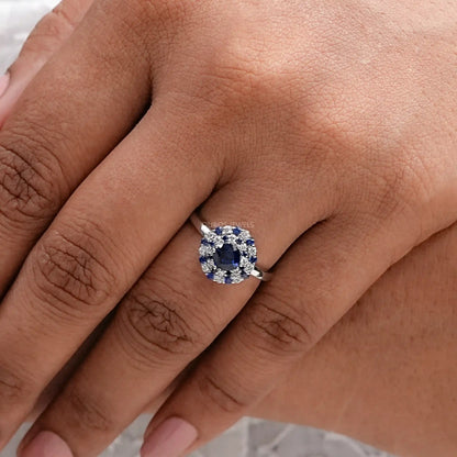 Blue Cushion Cut Lab Gemstone Double Halo Ring Ring