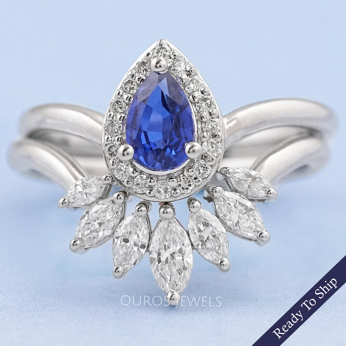 Sapphire Pear Gemstone Curved Wedding Ring