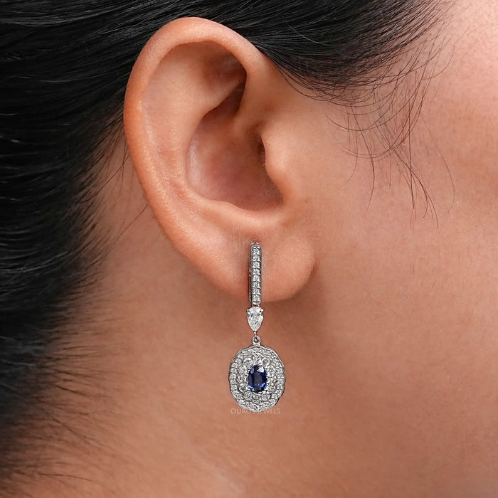 Sapphire Oval Gemstone And Double Halo Drop Earrings