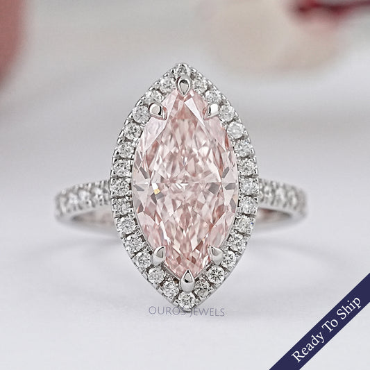 Pink Marquise Cut Lab Diamond Halo Accent Ring Ring